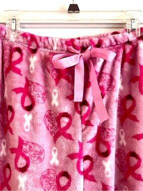 Pink Ribbon Plush Lounge Pants with Bow Waist Breast Cancer Awareness